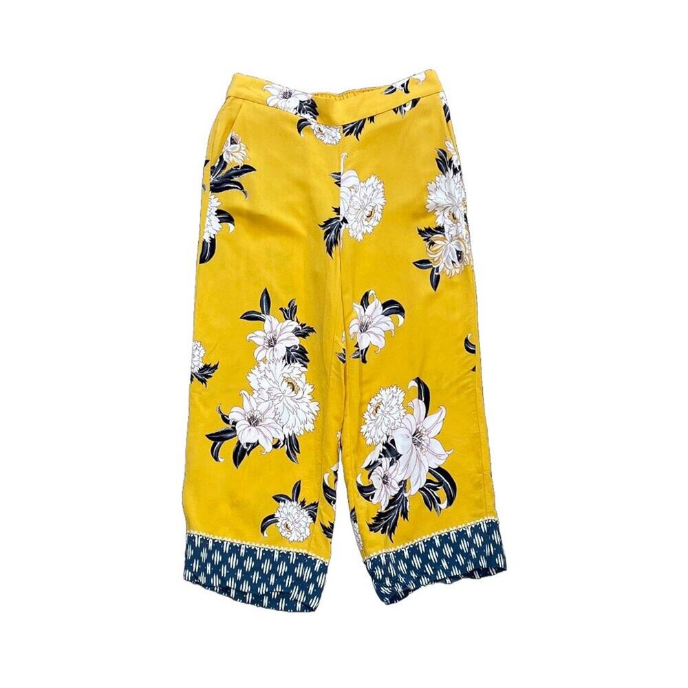 LOFT Yellow Tropical Floral Wide Leg Cropped Pull On Pants, Coastal, Resort SP